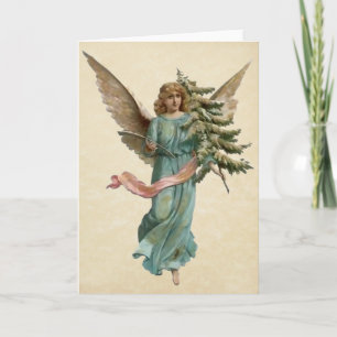Vintager Engel mit Weihnachtsbaum Feiertagskarte