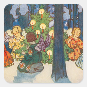 Vintager Engel und Weihnachtsbaummalereien Quadratischer Aufkleber