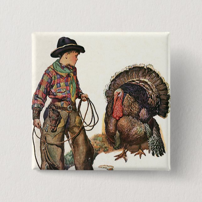 Vintager Erntedank, Cowboy fängt die Türkei Button (Vorderseite)