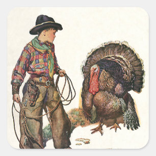 Vintager Erntedank, Cowboy fängt die Türkei Quadratischer Aufkleber