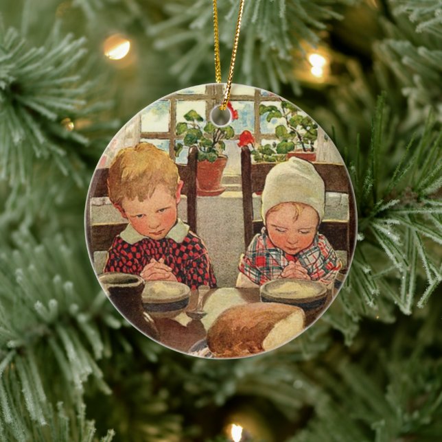 Vintager Erntedank, dankbare Kinder Keramikornament (Baum)