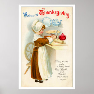 Vintager Erntedank Girl Making Pie Poster