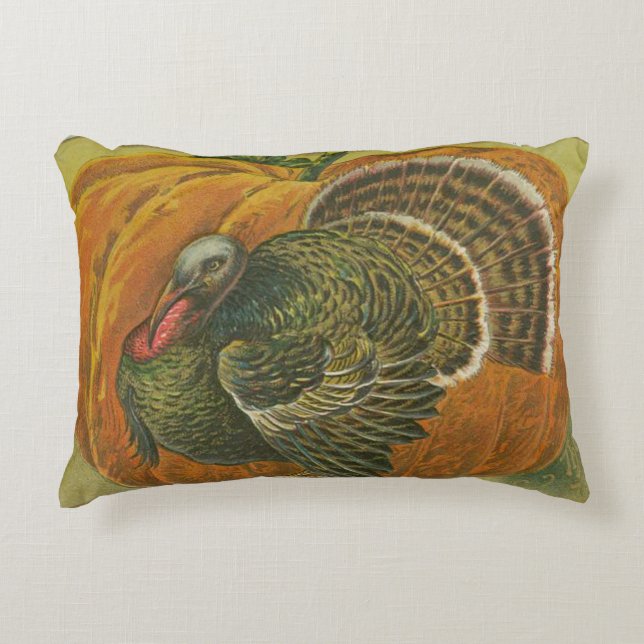 Vintager Erntedank Gruß Truthahn und Kürbis Dekokissen (Vorderseite)