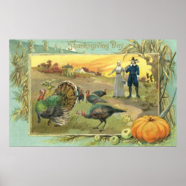 Vintager Erntedank mit Pilgern und Puten Poster
