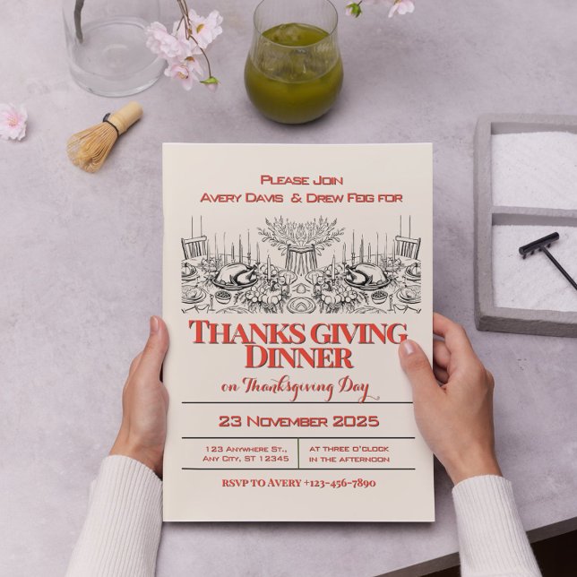 Vintager Erntedank mit Rot und Creme Einladung (Red and Cream Vintage Thanksgiving Dinner Invitation)