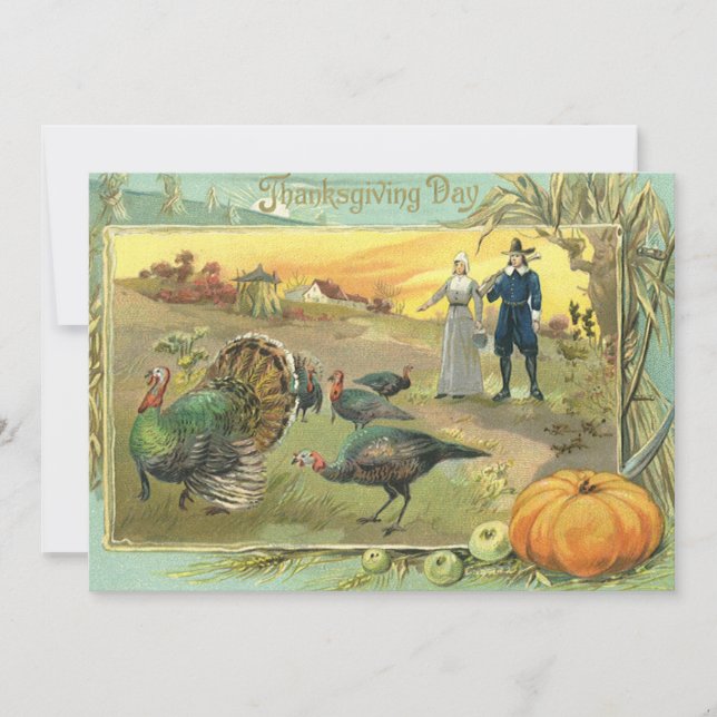 Vintager Erntedank mit Truthühnern und Pilgern Einladung (Vorderseite)