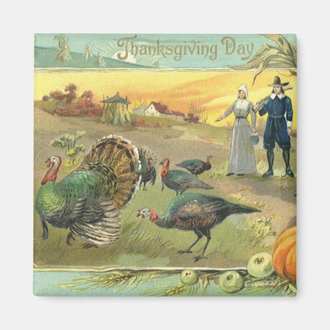 Vintager Erntedank mit Truthühnern und Pilgern Magnet (Vorne)