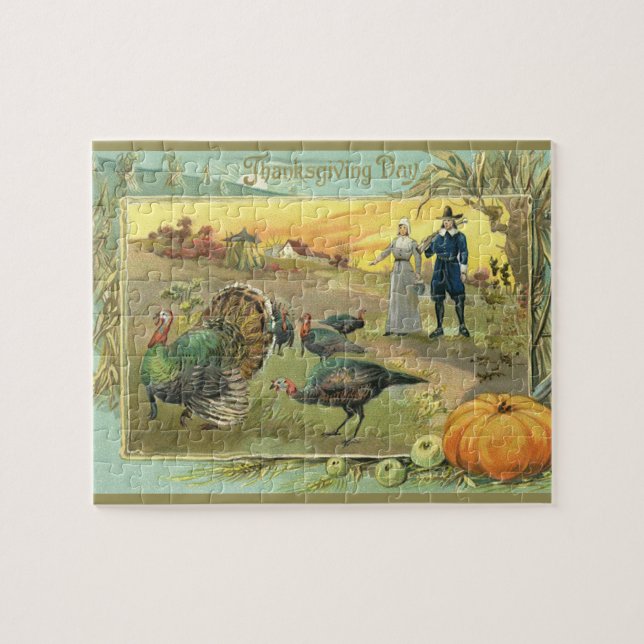 Vintager Erntedank mit Truthühnern und Pilgern Puzzle (Horizontal)