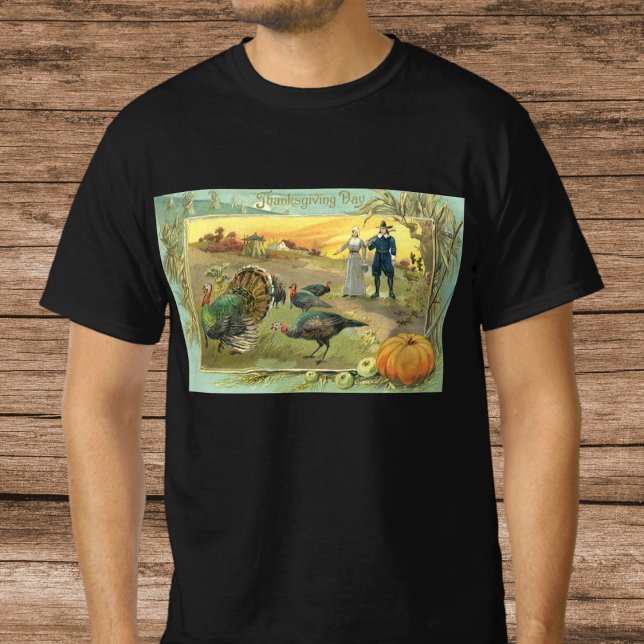 Vintager Erntedank mit Truthühnern und Pilgern T-Shirt (Vintage Thanksgiving with Turkeys and Pilgrims T-Shirt)