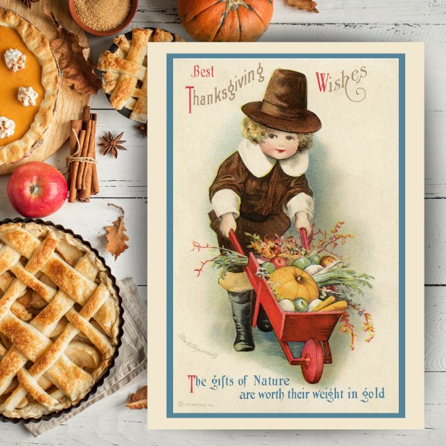Vintager Erntedank Pilgrim Boy Custom Feiertagskarte (Vintage Thanksgiving Pilgrim Boy Custom Holiday Card with editable text.  Just add your name!)