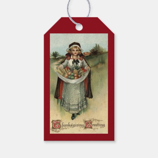 Vintager Erntedank Pilgrim Woman Geschenketiketten Geschenkanhänger (Vorderseite)