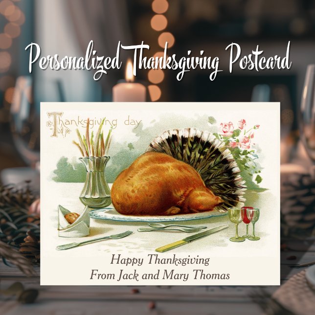 Vintager Erntedank Tag Türkei Abendessen nach Maß Postkarte (Vintage Thanksgiving Day Turkey Dinner Custom Postcard. Just add your names!)