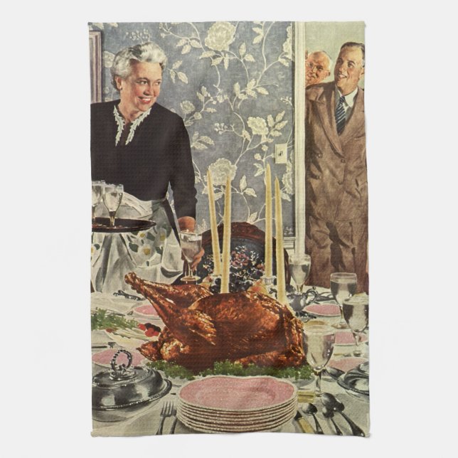 Vintager Erntedank Türkei Abendessen mit der Famil Geschirrtuch (Vertikal)