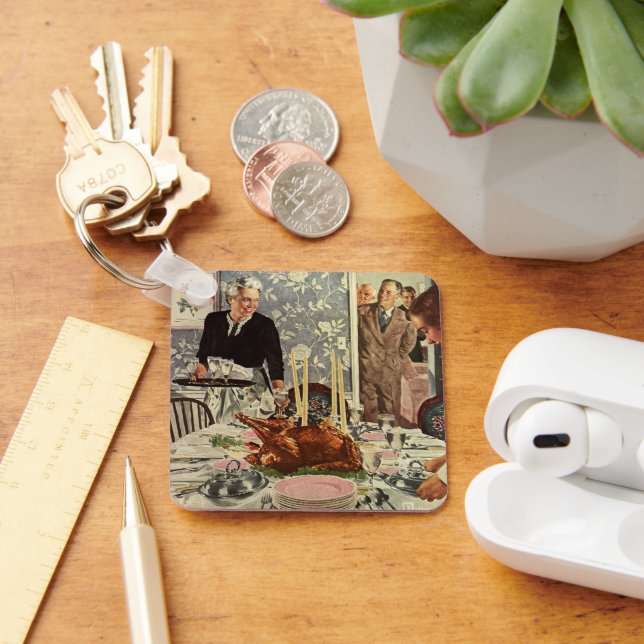 Vintager Erntedank Türkei Abendessen mit der Famil Schlüsselanhänger (Schreibtisch)