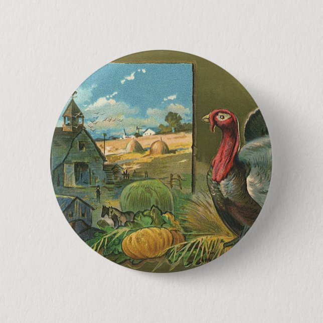 Vintager Erntedank, Türkei auf dem Bauernhof Button (Vorderseite)