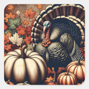 Vintager Erntedank Türkei und Pumpkins Quadratischer Aufkleber