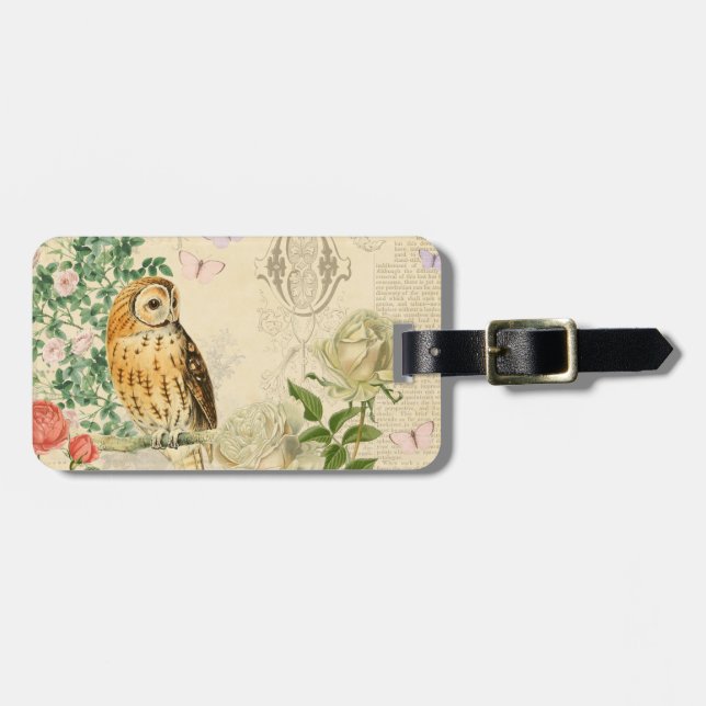 Vintager Eulengepäckmit blumenumbau mit schöner Gepäckanhänger (Vorderseite horizontal)
