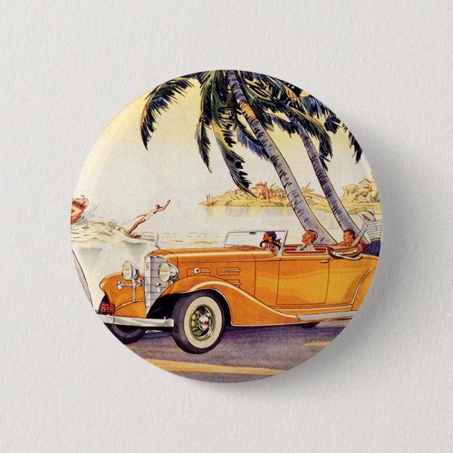 Vintager Familienurlaub in einem Cabrio Button (Vorderseite)
