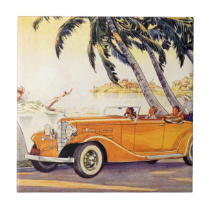 Vintager Familienurlaub in einem Cabrio Fliese