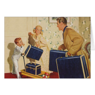 Vintager Familienurlaub, Vater, Kinder und Koffer