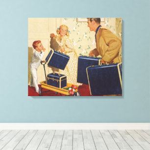 Vintager Familienurlaub, Vater, Kinder und Koffer Leinwanddruck