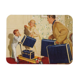 Vintager Familienurlaub, Vater, Kinder und Koffer Magnet