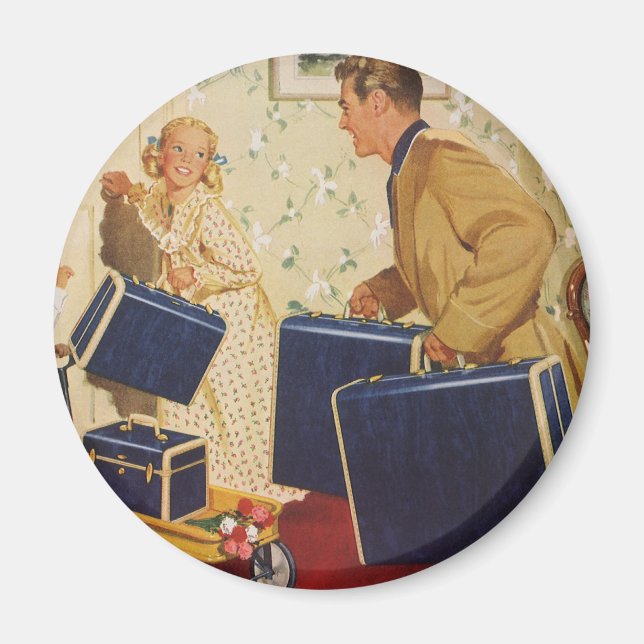 Vintager Familienurlaub, Vater, Kinder und Koffer Magnet (Vorne)