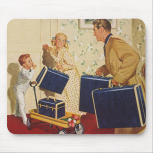 Vintager Familienurlaub, Vater, Kinder und Koffer Mousepad