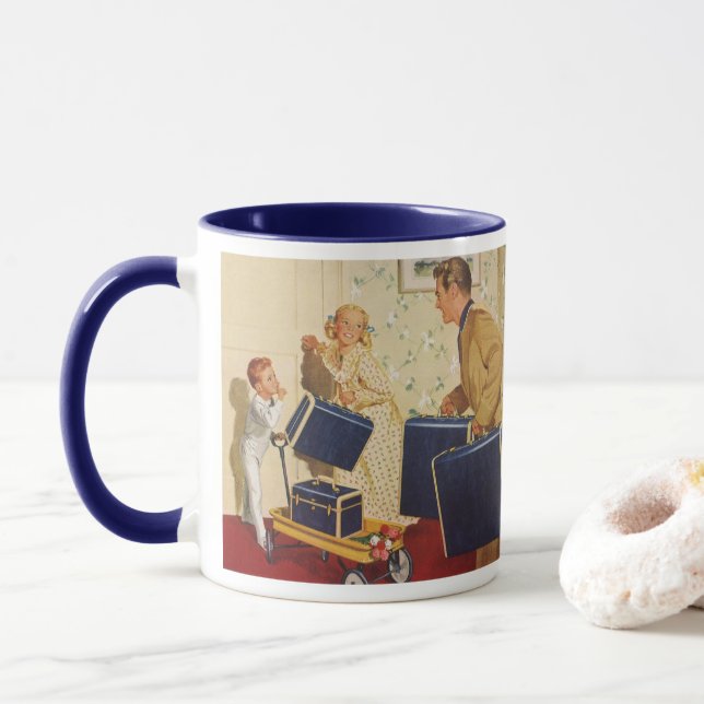 Vintager Familienurlaub, Vater, Kinder und Koffer Tasse (Mit Donut)