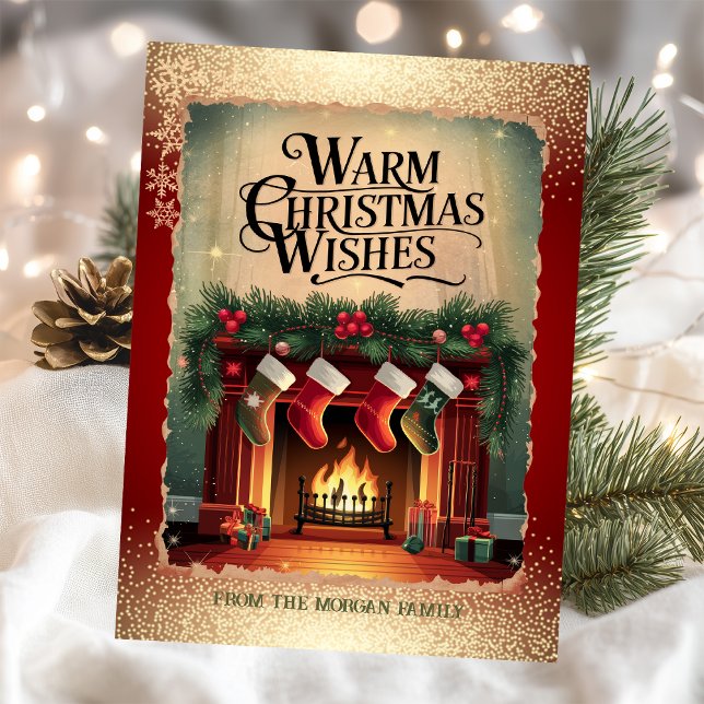 Vintager Feuerplatz Schneeflocken Rot Feiertagskarte (Von Creator hochgeladen)