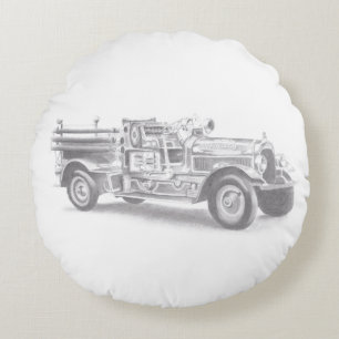 Vintager Feuerwehrleute zeichnend Bleistiftstiftfe Rundes Kissen