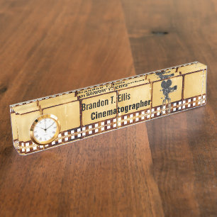 Vintager Film-Schreibtisch-Namensschild mit Uhr Namensplakette
