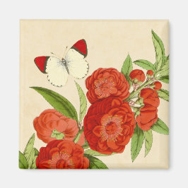 Vintager Floralmagnet mit roter Blume und Schmette Magnet