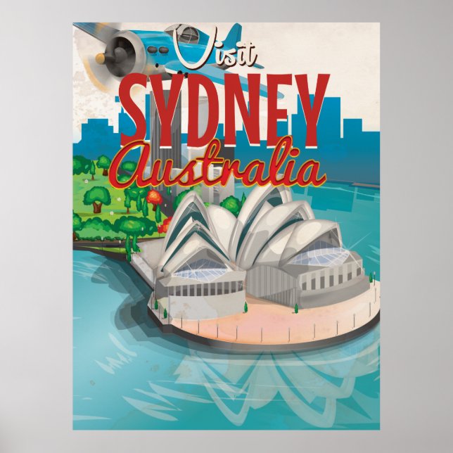 Vintager Flug nach Sydney, Australien Reiseplakat Poster (Vorne)