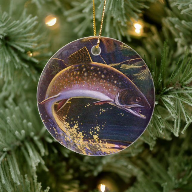 Vintager Forellenfisch Fischer, Sportfischerei Keramikornament (Baum)
