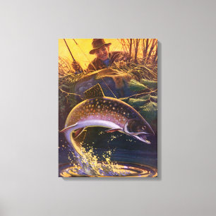 Vintager Forellenfisch Fischer, Sportfischerei Leinwanddruck