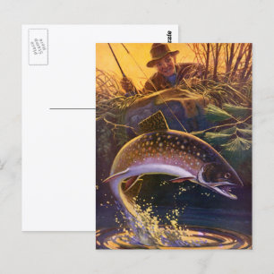 Vintager Forellenfisch Fischer, Sportfischerei Postkarte