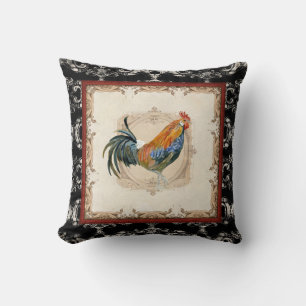 Vintager französischer Damask Black in White Roost Kissen