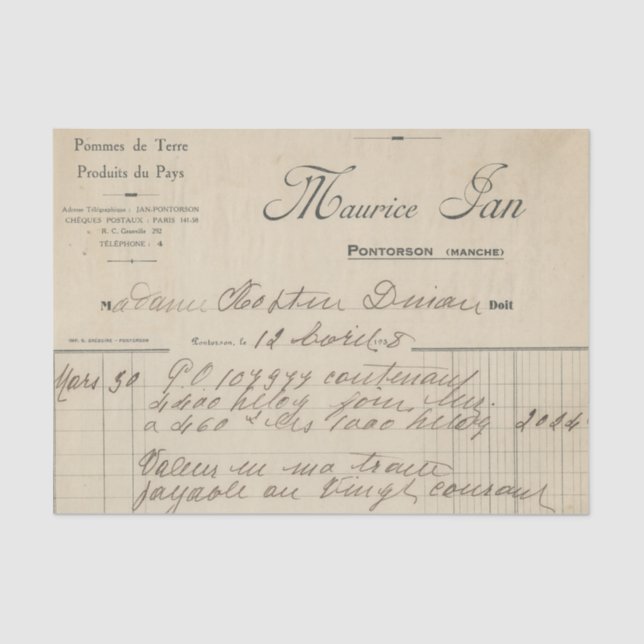 Vintager französischer Empfang Seidenpapier (Vorderseite)