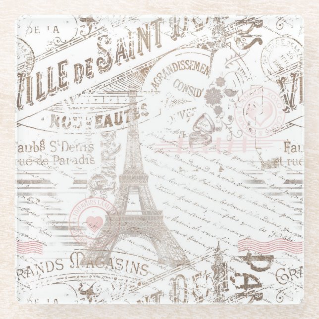 Vintager französischer Romance Collage Pink ID226 Glasuntersetzer (Vorderseite)