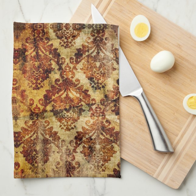 Vintager französischer Rustikaler Herbst-Brauner D Geschirrtuch (Viertel Falte)