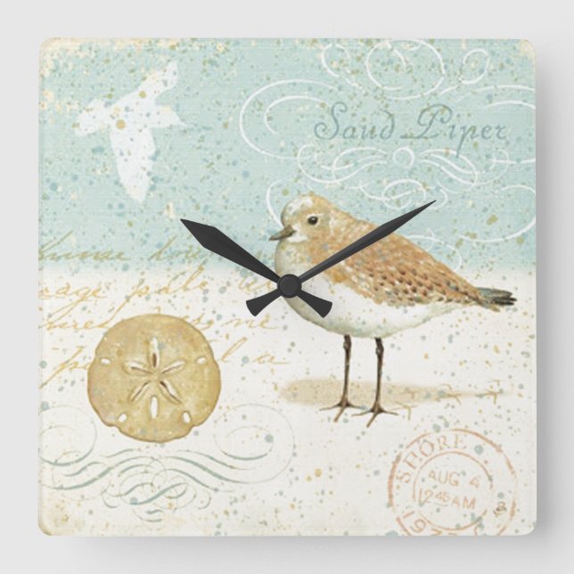 Vintager französischer Sand Piper Quadratische Wanduhr (Vorderseite)