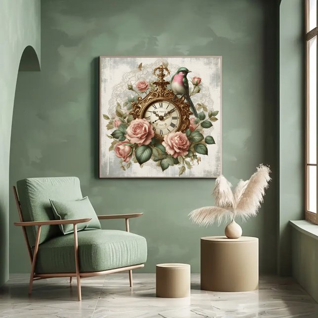 Vintager französischer Shabby Chic Clock Rose Bird Poster (Von Creator hochgeladen)