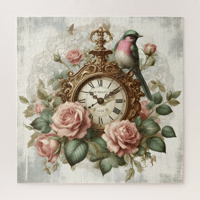 Vintager französischer Shabby Chic Clock Rose Bird Puzzle (Vertikal)