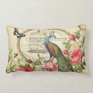 Vintager französischer Shabby Chic-Pfau Lendenkissen