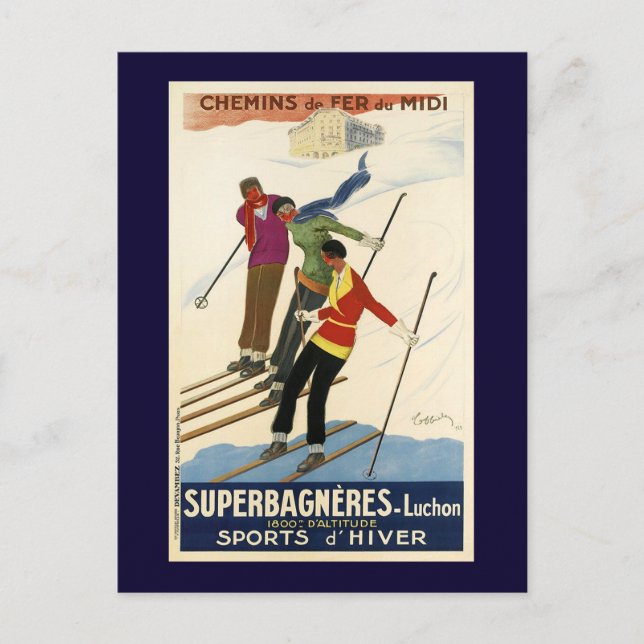 Vintager französischer Ski Postkarte (Vorderseite)