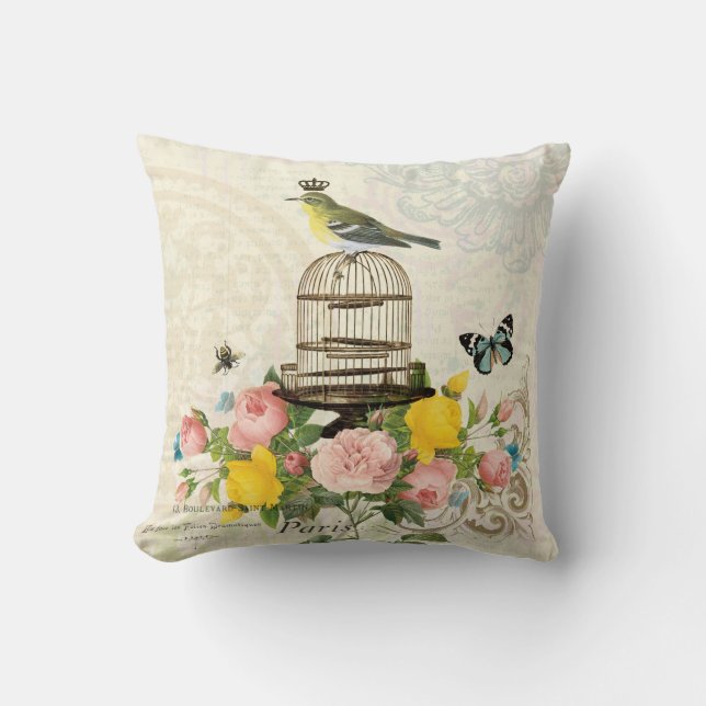 Vintager französischer Vogel und Birdcagekissen Kissen (Vorderseite)