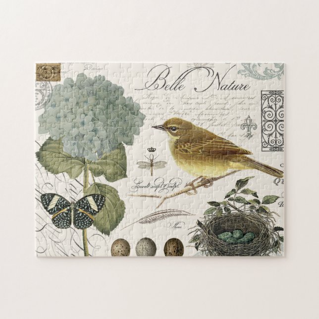 Vintager französischer Vogel und Nest Puzzle (Horizontal)