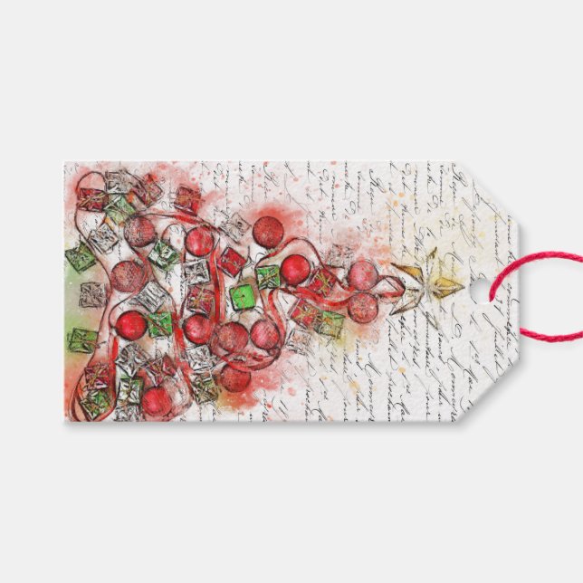 Vintager französischer Weihnachtsbaum (Wasserfarbe Geschenkanhänger (Vorderseite (Horizontal))