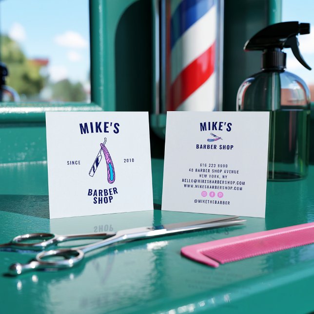 Vintager Friseursalon Quadratische Visitenkarte (Vintage blue mens barbershop razor hair stylist)